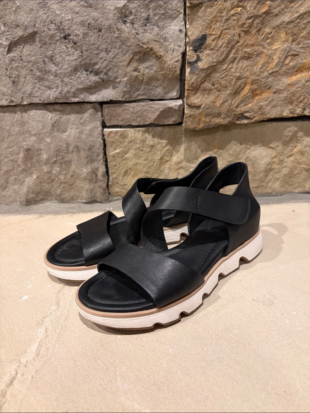 Sofft Black Strappy Platform Sandals with White Sole